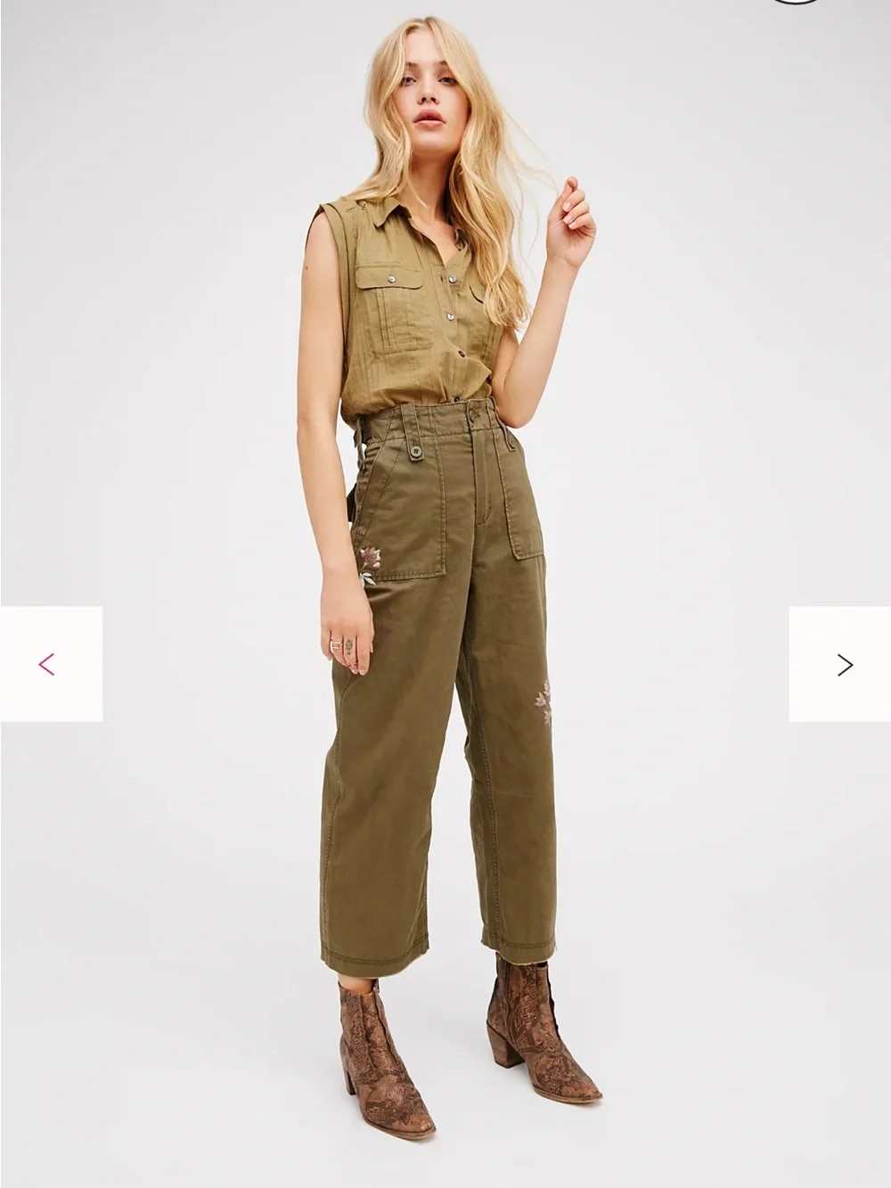 Free People Keep It Real Military Pant Olive Embroidered Floral Cropped Wide Leg